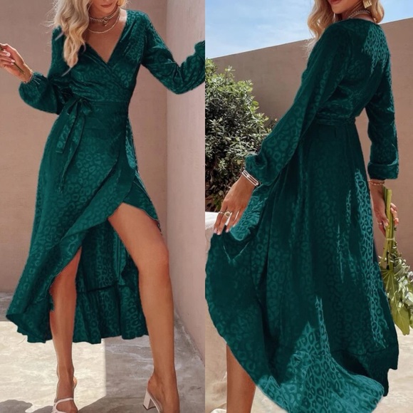 Boho teal blue  leopard print jacquard wrap belted maxi dress - Picture 3 of 8